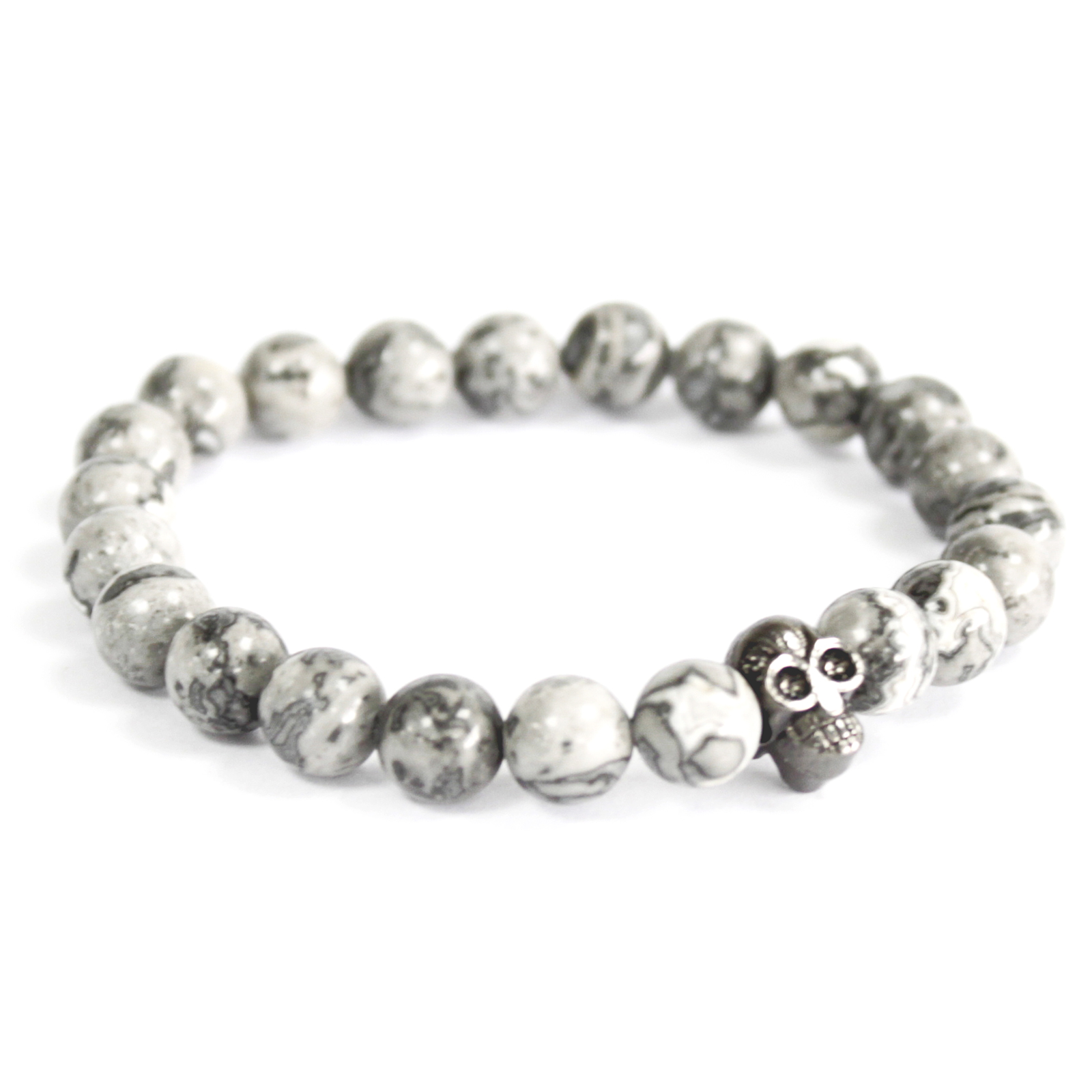 3x Pewter Skull / Grey Agate - Gemstone Bracelet 