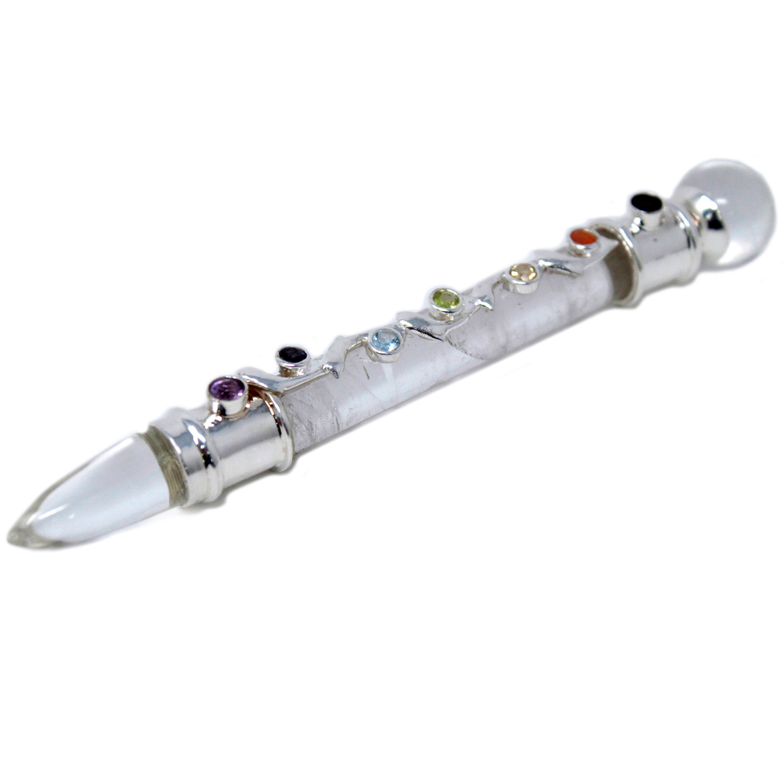 Glass Healing Wand - Silver plated -Clear Crystal with Chakra Stones