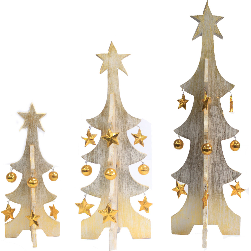 1x Set of 3 Minimalist Xmas Trees - White & Gold