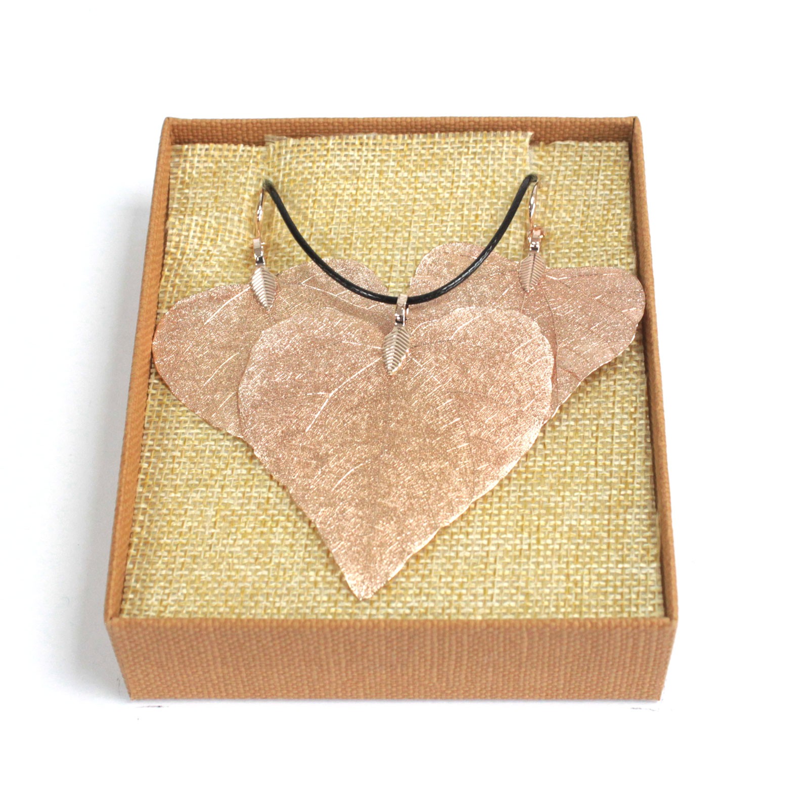 Necklace & Earring Set - Heart Leaf - Pink Gold 