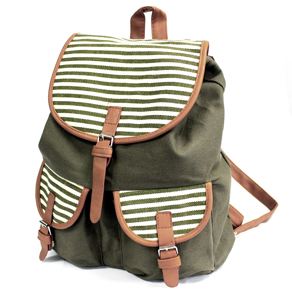 Traveller Backpacks - 2 Pocket Olive Stripe